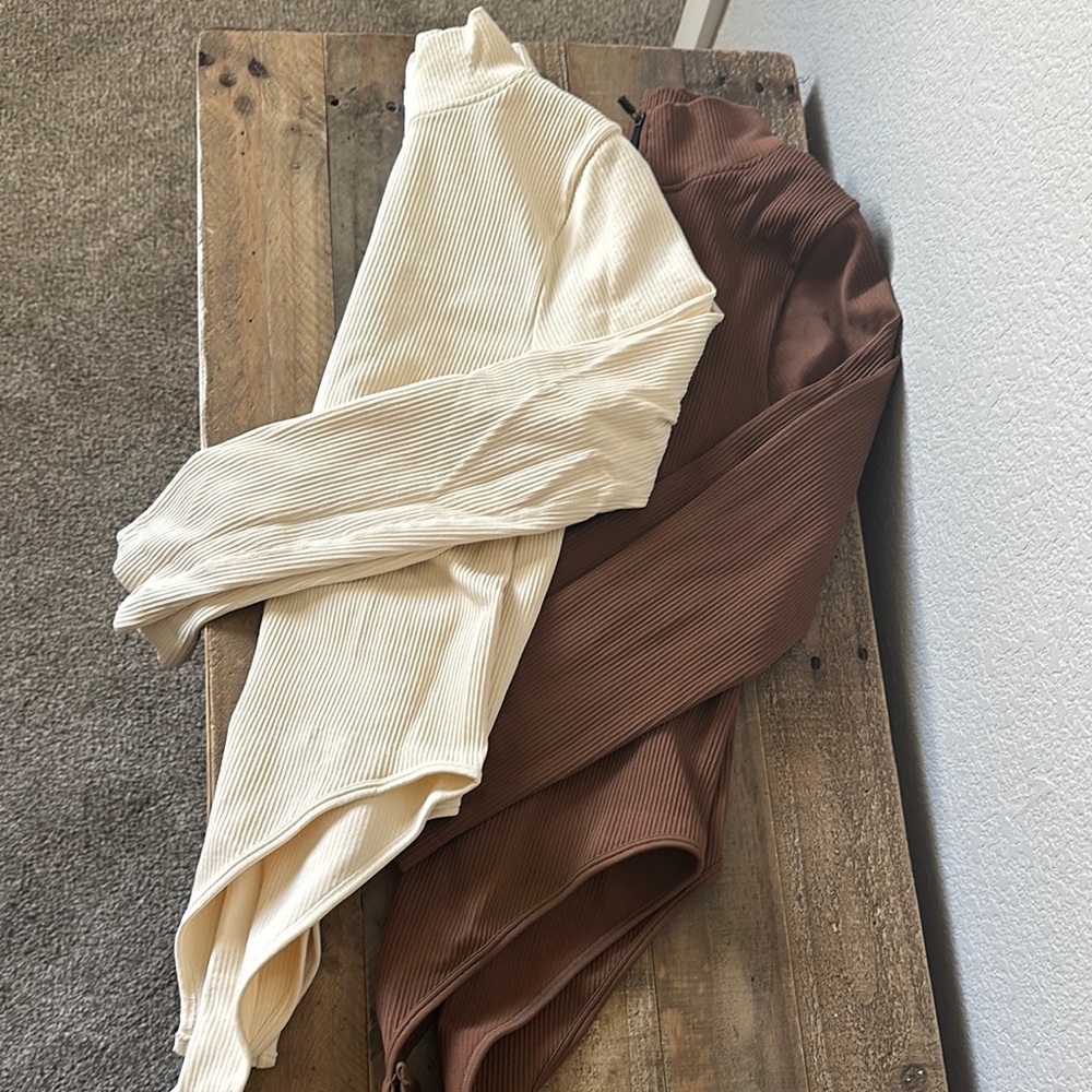 Ribbed Cream and Brown Turtleneck Sweaters